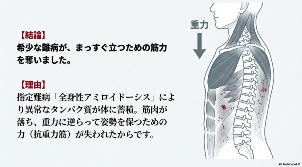 全身性アミロイドーシスが姿勢維持を困難にする筋力低下を招くメカニズムの解説図