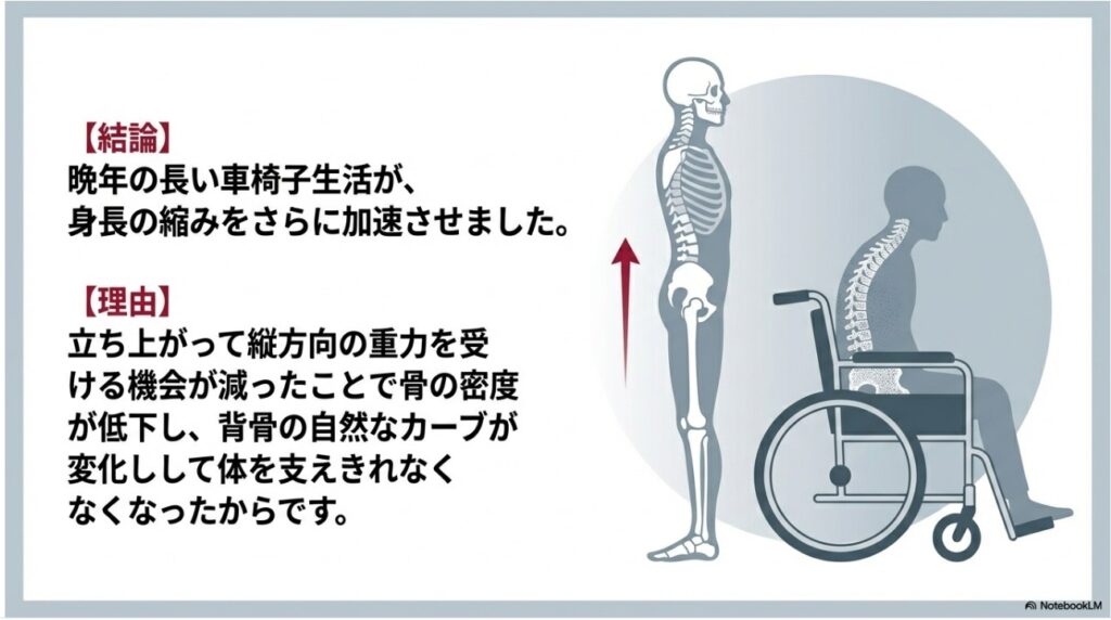 長い車椅子生活が背骨のカーブ変化と骨密度低下を招く様子を描いたイラスト
